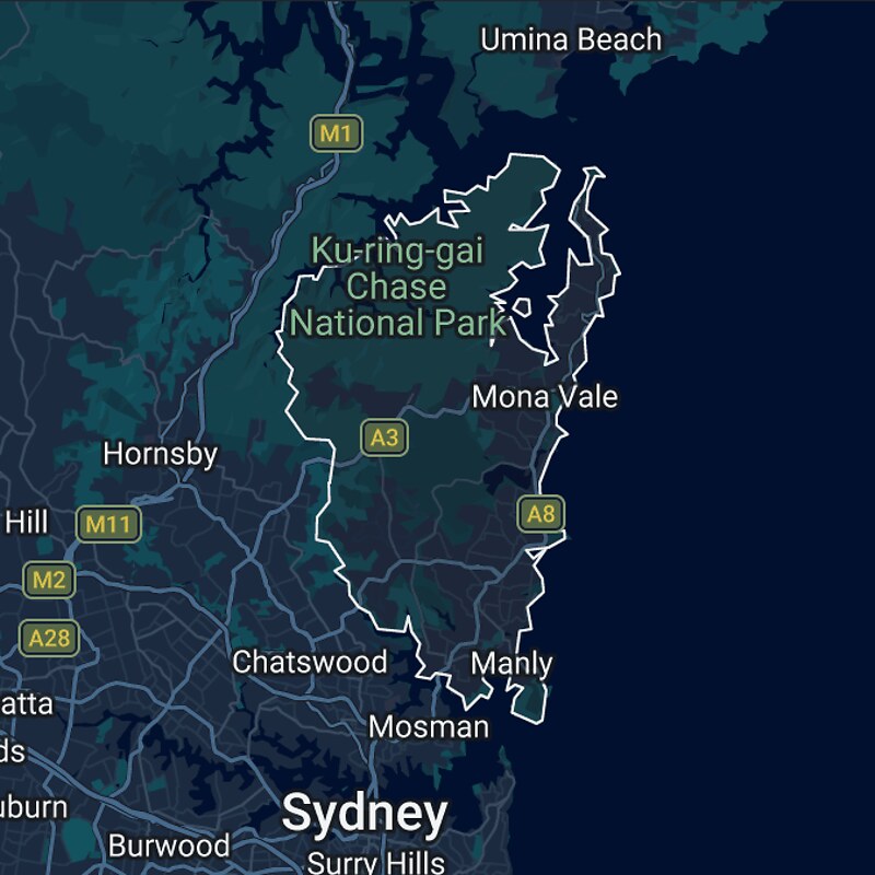 Map of the Northern Beaches Council area of Sydney, showing the service area for Martin's Lawn and Garden Care